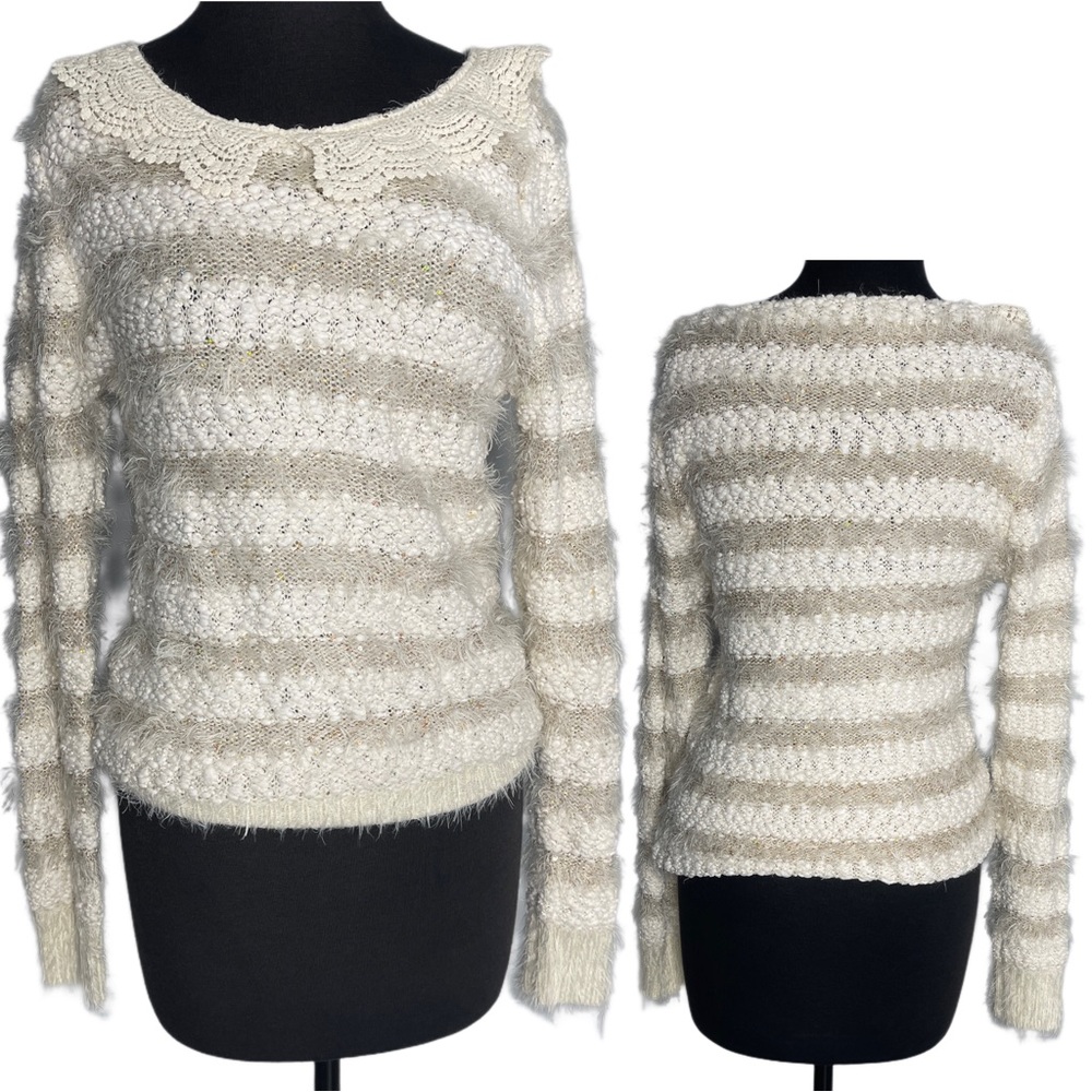 KATSUMI Anthropologie Cream Sequin Collar Fuzzy Sweater